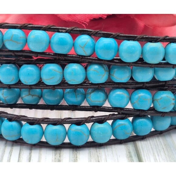 Victoria Emerson Blue Turquoise Stone Beads Brown Leather Cord Wrap Bracelet 36" - Picture 8 of 11